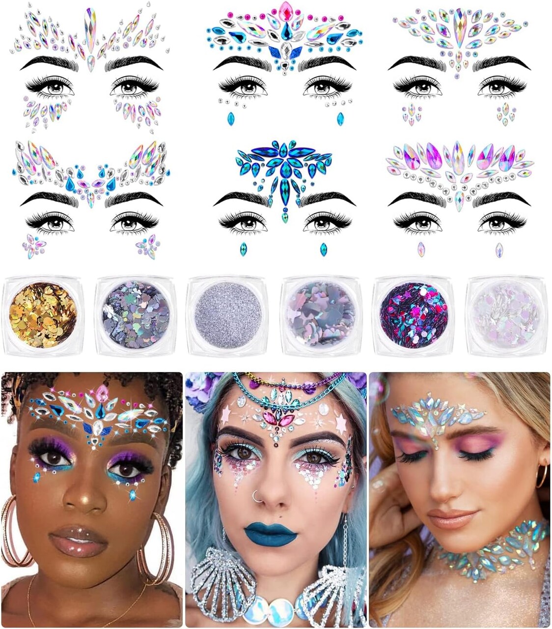 Face Jewels & Body Glitter – 12 Pcs Holographic Mermaid Face Gems, Stick-On Rhinestones for Festivals, Halloween, Costume Makeup & Party Looks (multicolored)